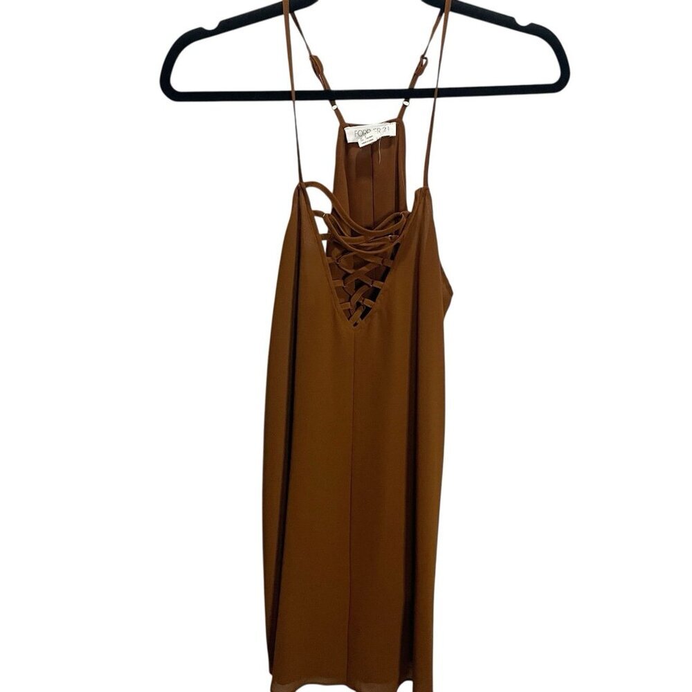Forever 21 S Women's Rust Spaghetti‎ Strap Lined Sheer Peek a Boo Dress Tunic